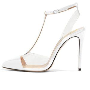 FSJ White Clear T-Strap Stiletto Heel Sandals